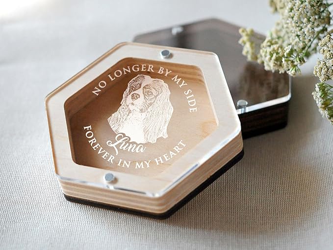 Personalized Pet Hair Keepsake Box for Dog and Cat Fur - Engraved Wood Memorial Box - Unique Customized Gift for Loss of Furry Friend Wooden (Light Diamand Clear Lid, With Photo)