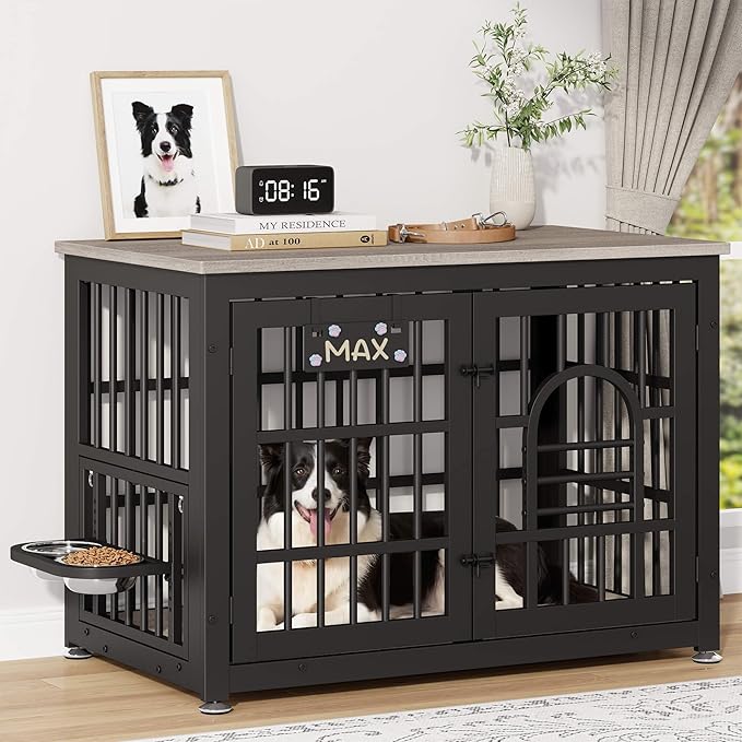 Dog Crate Furniture with Name Tag, Dog Kennel Indoor with 360° Rotating Feeder and Adjustable Heights Bowls, Wooden Decorative Pet Cage End Table for Small Medium Dogs, Grey 37.8" L