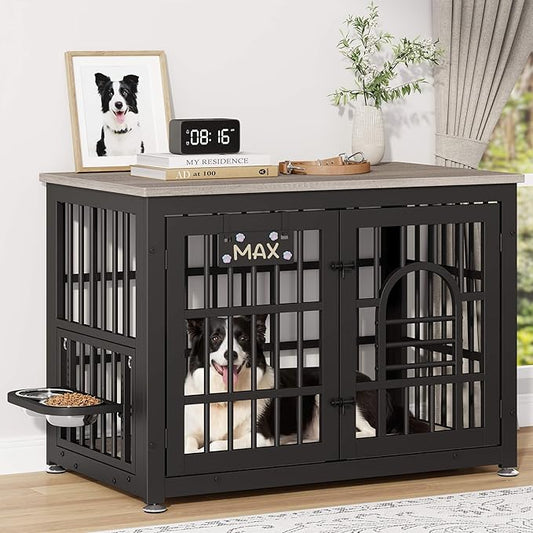 Dog Crate Furniture with Name Tag, Dog Kennel Indoor with 360° Rotating Feeder and Adjustable Heights Bowls, Wooden Decorative Pet Cage End Table for Small Medium Dogs, Grey 37.8" L