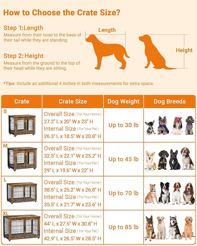 Dog Crate Furniture with Cushion, Wooden Dog Kennel Indoor with Double Doors, Dog Cage with Wheels, Dog House Side End Table for Large Dogs up to 85 lb, 44" L, Rustic Brown