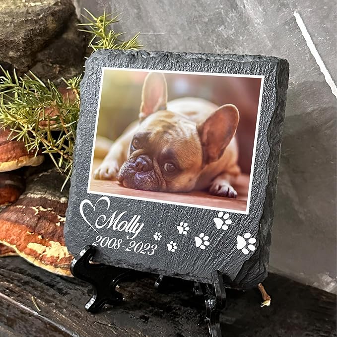 Personalized Individual Square Memorial Plaque + Stand for Pet Cat Dog Slate Stone Frame Paw Grave Marker - Size 3.94" x 3.94" or 100 x 100 mm - Photo and Paw Print