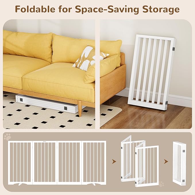 32" Extra Tall Freestanding Dog Gate, Foldable Pet Gate for Doorways Stairs Hallways, 4-Panel Dog Fence with Support Feet for Stability, Folding Puppy Gate Easy to Carry No Drilling 72"x32"