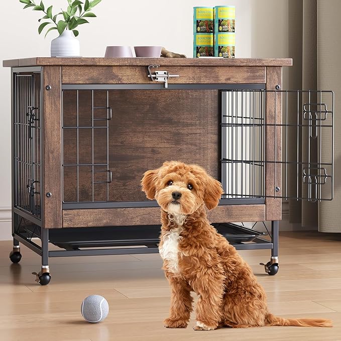 26" Inch Dog Crate Furniture, Small to Medium Pet Cage with Double Doors and Wheels, Chew-Resistant Wooden Indoor Dog House, Kennel Side End Table for Bedroom & Living Room, Rustic Brown