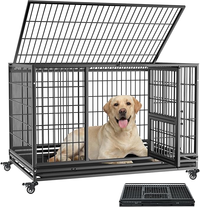 Gardner Pet 43 inch Stackable Heavy Duty Dog Crate,Indestructible Escape-Proof Dog Kennel for Medium Dogs,High Anxiety Dog Cage with Upgraded Lockable Wheels，Removable Tray & Triple Door,Black