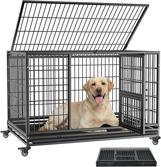 Gardner Pet 43 inch Stackable Heavy Duty Dog Crate,Indestructible Escape-Proof Dog Kennel for Medium Dogs,High Anxiety Dog Cage with Upgraded Lockable Wheels，Removable Tray & Triple Door,Black