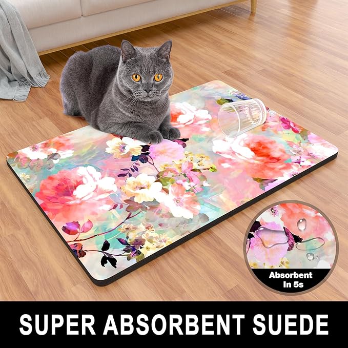 Dog Food Mat, 16" x 24" Flower Absorbent Dog Cat Bowl Mat for Food and Water, Cute Anti-Slip Rubber Pet Feeding Rug Protect Floors, Placemat for Feeding & Watering Supplies, Pink