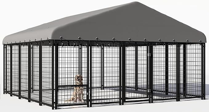 120"x119" Dog Kennel Outside, Large Outdoor Dog Kennel with Feeding Door and Double Lock, Heavy-Duty Weatherproof Dog Cage and Dog Fence with Roof, Outdoor House Playpen for Large Dogs, Easy Assembly