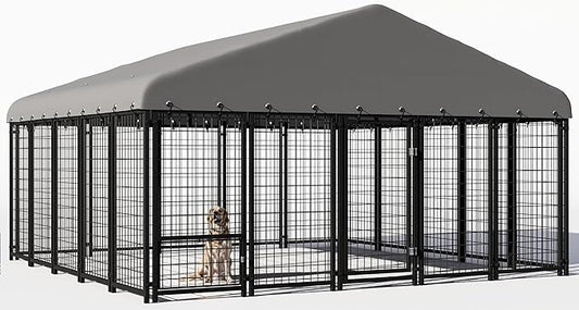 119"x119" Dog Kennel Outside, Large Outdoor Dog Kennel with Feeding Door and Double Lock, Heavy-Duty Weatherproof Dog Cage and Dog Fence with Roof, Outdoor House Playpen for Large Dogs, Easy Assembly