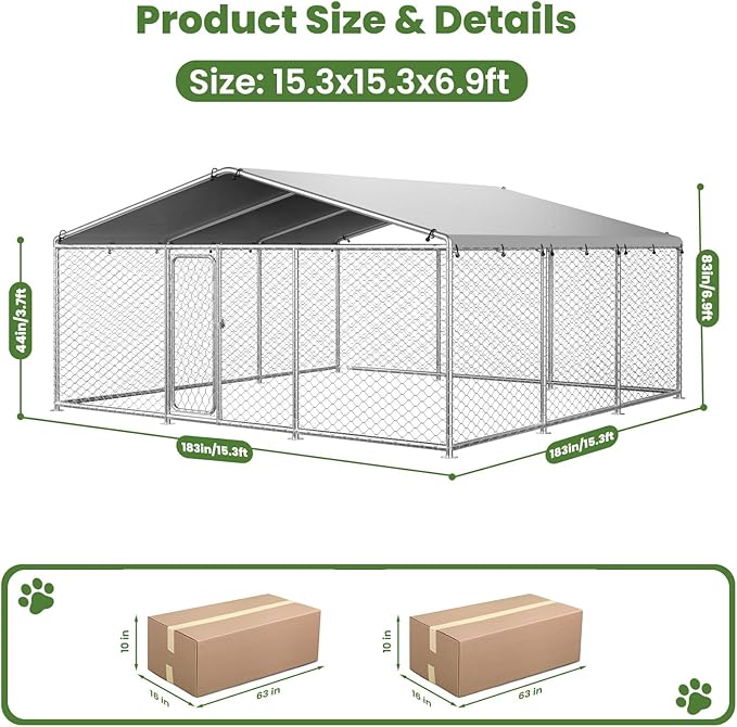 barlb15.3x15.3 FT Heavy Duty Outdoor Dog Kennel Outside with Waterproof Cover, UV-Resistant Roof, Secure Locking Mechanism for Large Dogs, Metal Enclosure for All Weather Conditions (183x183x83IN)