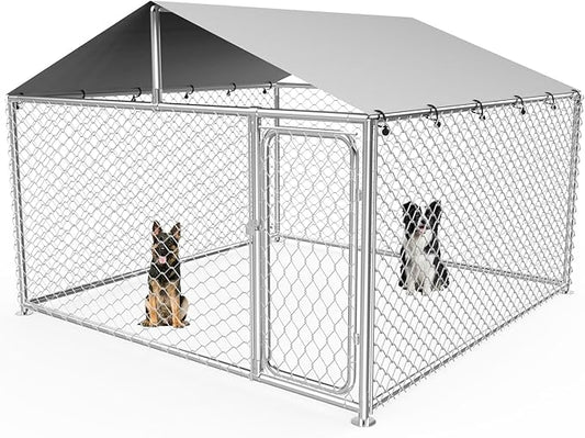 8.3x8.3 ft Outdoor Dog Kennel Outside with Waterproof UV-Resistant Cover, Heavy Duty Dog Enclosure House with Steel Fence and Secure Lock for Dogs