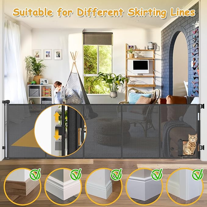 Reinforced 120 Inch Wide Retractable Baby Gates Extra Wide Pet Gate with Cat Door 10ft Extra Long Baby Gates for Large Openings 33 Inch Tall Reinforced Strips Retractable Dog Gate with Cat Door, Black