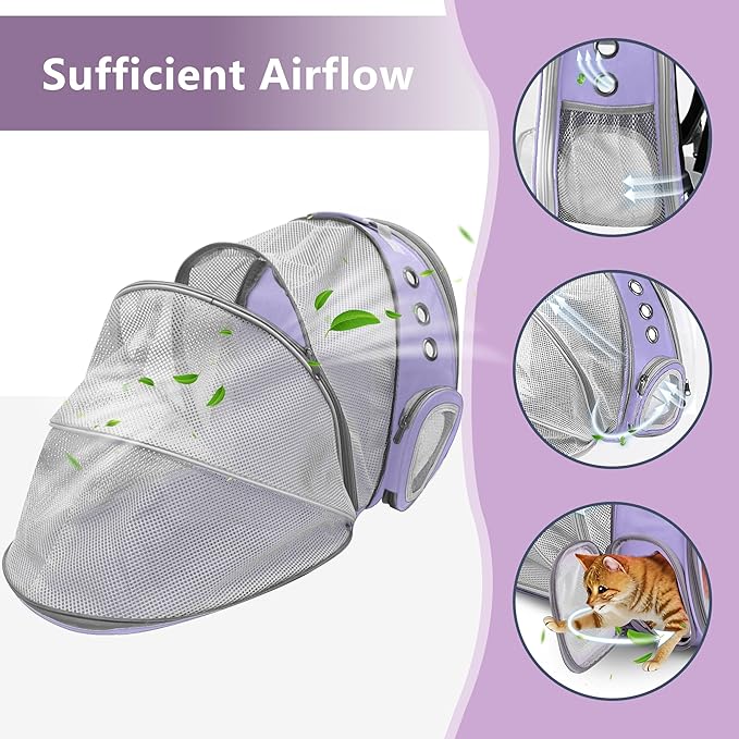 Pet Carrier Backpack Expandable for Cats and Small Dogs, Breathable Anti-Collapse Design, Airline Approved Travel Backpack for Hiking and Outdoor Use (Back Expandable-Purple)