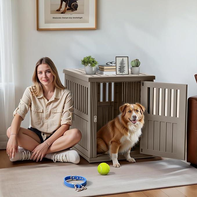 Durable Dog Crate Furniture with Lockable Door,Dog House Indoor for Small Medium Large Dogs (Light Brown, Large)