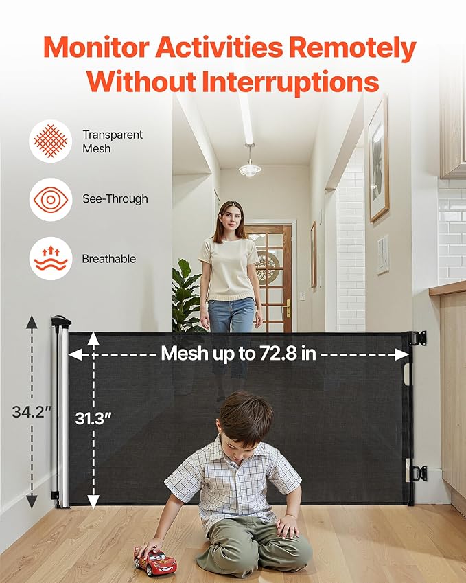 VEVOR Retractable Baby Gate, Extends to 72.8 inch Wide, 31.3 inch Tall, with Security Lock, Easy to Use, Walk Through Without Tripping, Mesh Dog Gate for Stairs, Hallways, Indoor/Outdoor, Black