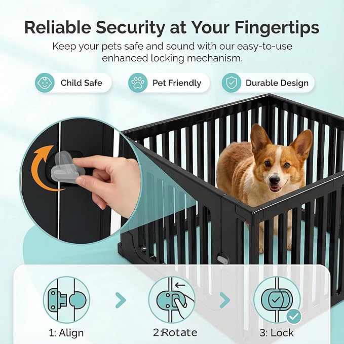 7 Panels Plastic Dog Playpen, Expandable & Durable Pet Fence - Indoor & Outdoor Portable with Secure Locking Door, Durable Safety Play Pen with Puppy, Cat, Small Animal(Black, 23.62" H)