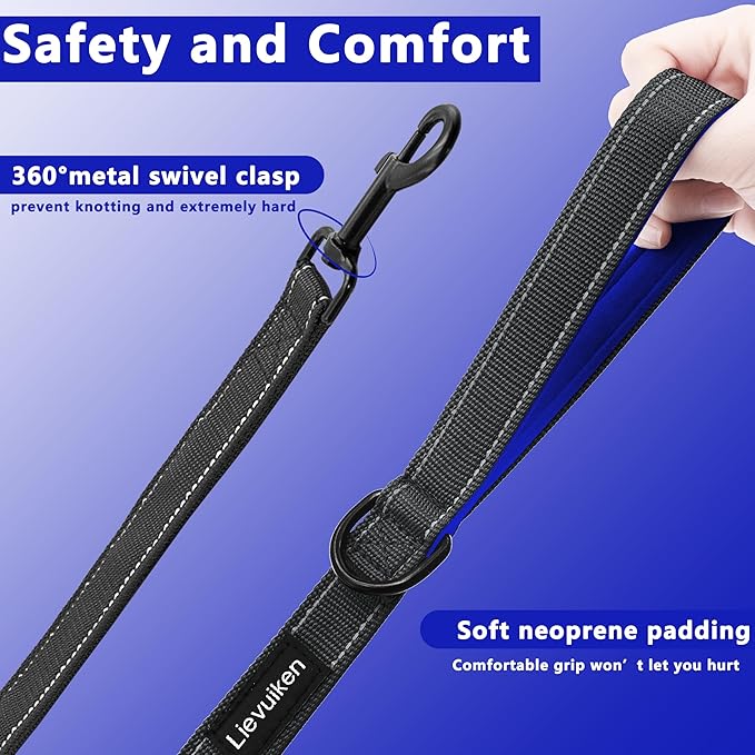Dog Leash 6.5ft Long, Double Handle Dog Leash for Safety Control Training, Heavy Duty Dog Leads with Traffic Padded Handles, Reflective Leashes For Small Medium Large Dogs(6.5ft, Black Blue)