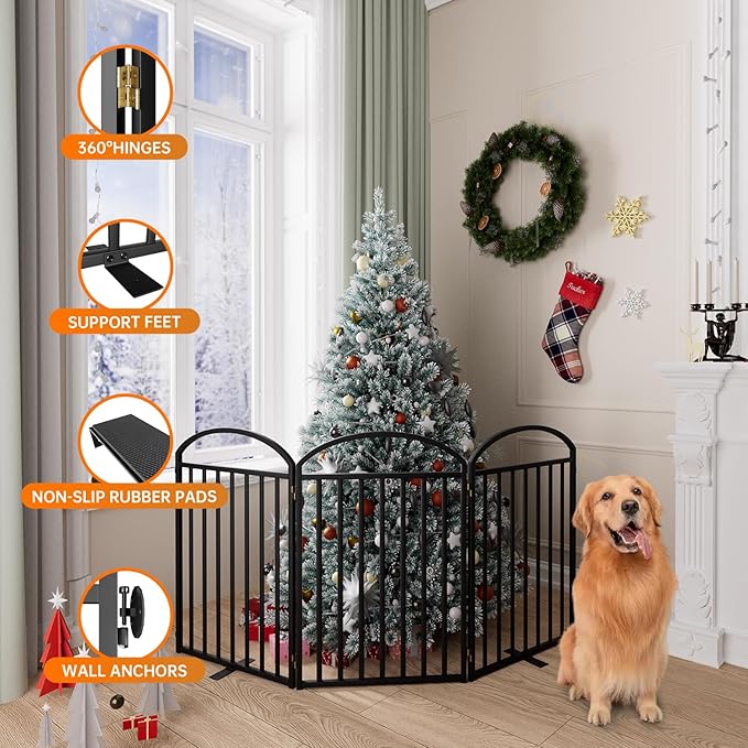 3 Panels Full Matel Freestanding Dog Gates, 72" Extra Wide 32" Tall Free Standing Dog Pet Gate for Indoor & Outdoor. Foldable Pet Fences for Doorways, House, Stairs, Porch, Deck, Yard