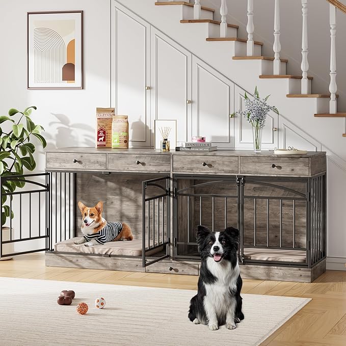 IDEALHOUSE 78.7" Double Dog Crate Furniture with Storage and 4 Doors, Dog Kennel Indoor with Feeding Bowls, Wood Dog Crate TV Stand for Small Medium Dogs, Grey