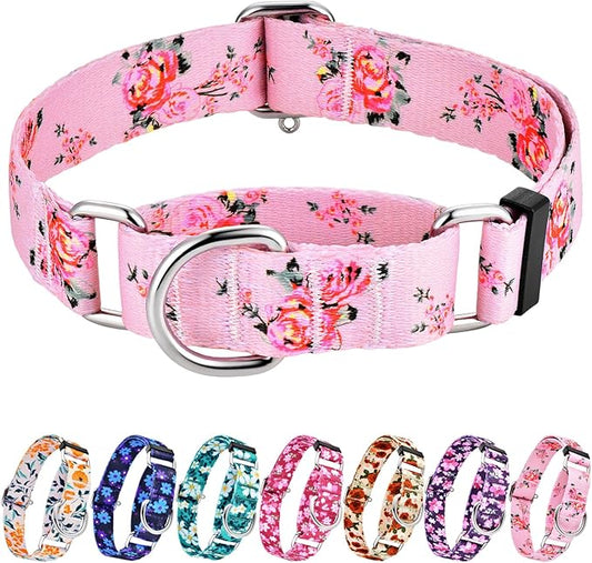 Hikiko Martingale Collar for Dogs with No Buckle Pink Floral Female Dog Collar Cute Girl Dog Collars for Small Dogs,Pink Rose,S