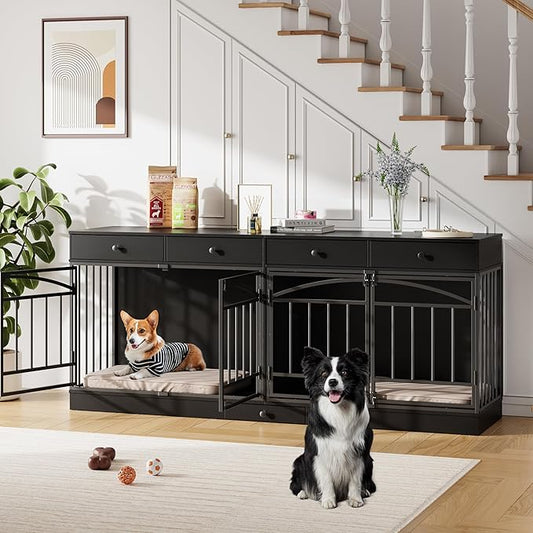 IDEALHOUSE 78.7" Double Dog Crate Furniture with Storage and 4 Doors, Dog Kennel Indoor with Feeding Bowls, Wood Dog Crate TV Stand for Small Medium Dogs, Black