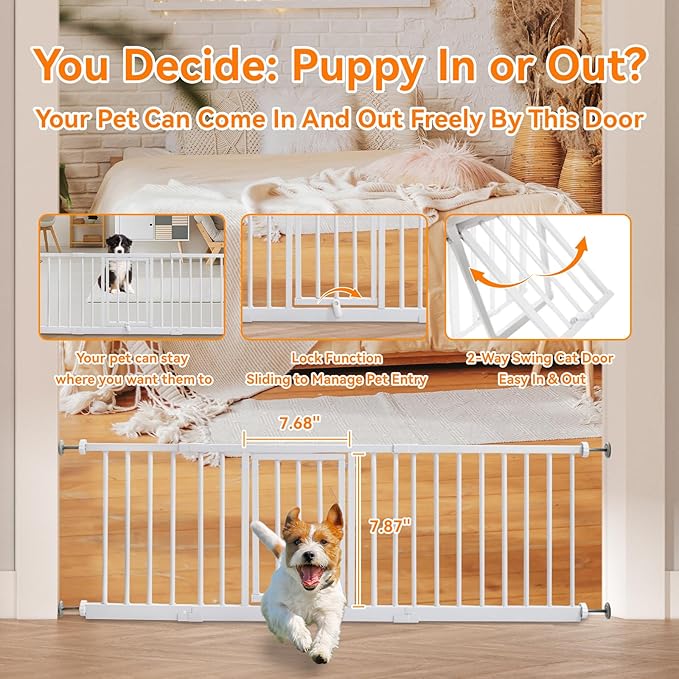 14" Height Short Dog Gate Adjustable18-48" Extra Wide Dog Gate with Small Cat Door,Pet Gate with 4 Extension Kits Pressure Mounted for Doorways & Stairs(White, 14" Height)