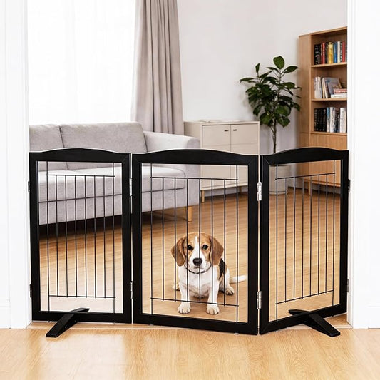 Dog Fence Indoor,Dog Gate Indoor for Doorway pet gate -3-Panel Freestanding, Hallways, House or Stairs -60x24-Inch Retractable Foldable Expandable Wood Pet by SFJC (Black) ﻿