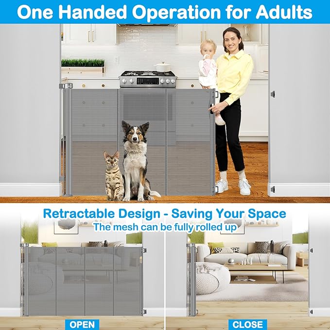 42 Inch High Retractable Baby Gates Extra Tall Retractable Pet Gate with Reinforced Strips 55 Inch Wide No Sag Mesh Baby Gate for Stairs Anti-Scratch Extra Tall Dog Gates for Doorways, Gray