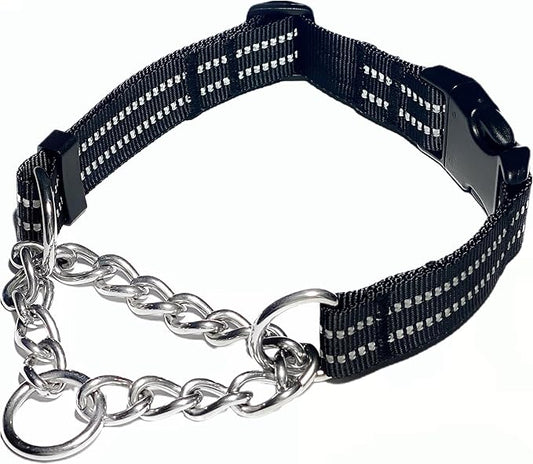 Martingale Collars for Dogs, Heavy Duty Stainless Steel Chain Training Collar, Reflective Nylon Adjustable Collar with Quick Release Buckle, Suitable for Puppy Medium Large Dogs((Black, S)