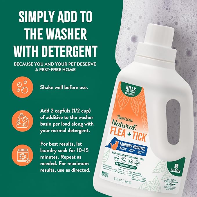 TropiClean Flea and Tick Laundry Additive, Laundry Detergent Booster, Safe for Dogs, Cats, & Home, Powerful Treatment Laundry Addition, 32oz