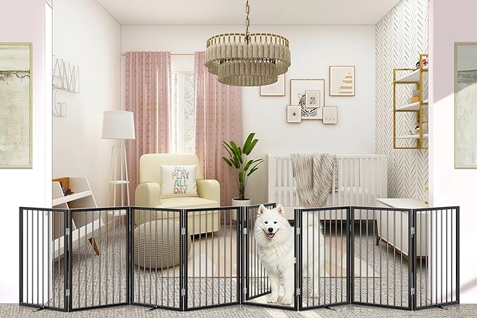 Vantas Folding No-Assembly Metal Pet Gate 160" Wide, 32" Extra Tall Dog Gate with Door Walk Through, Freestanding Accordion Puppy Gate Dog Door for Indoor & Outdoor, with 4PCS Support - Black