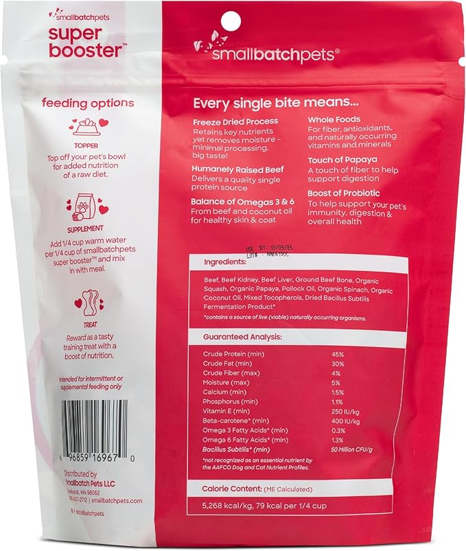smallbatch Freeze Dried Dog Treats, Superfood Food Topper Beef Bites for Dogs & Cats, Probiotics, Organic Ingredients, High Protein, Grain Free Healthy Treat Food Topper, Made in the USA, 7 oz Bag