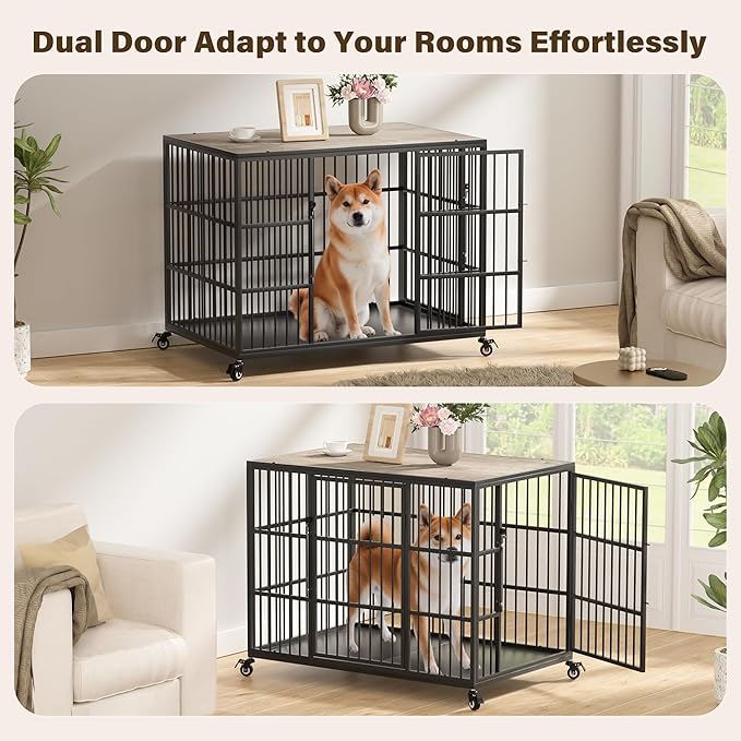 VERIFURTY 42 Inch Heavy Duty Dog Crate Furniture with Self-Locking Latch for Medium and Large Dogs, Escape-Proof Dog Kennel Furniture Indoor, Decorative Pet Cage End Table, Grey