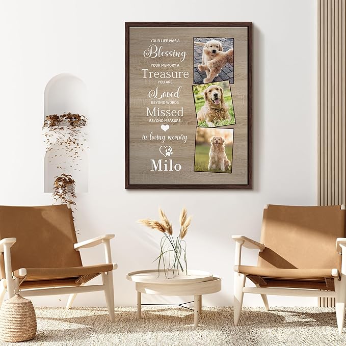 Custom Dog Memorial Gifts, Dog Memorial Canvas Framed with Photo, Personalized Paw Prints with Name and Text, Dog Loss Sympathy Ornament Gift for Dog Cat Lover Owners