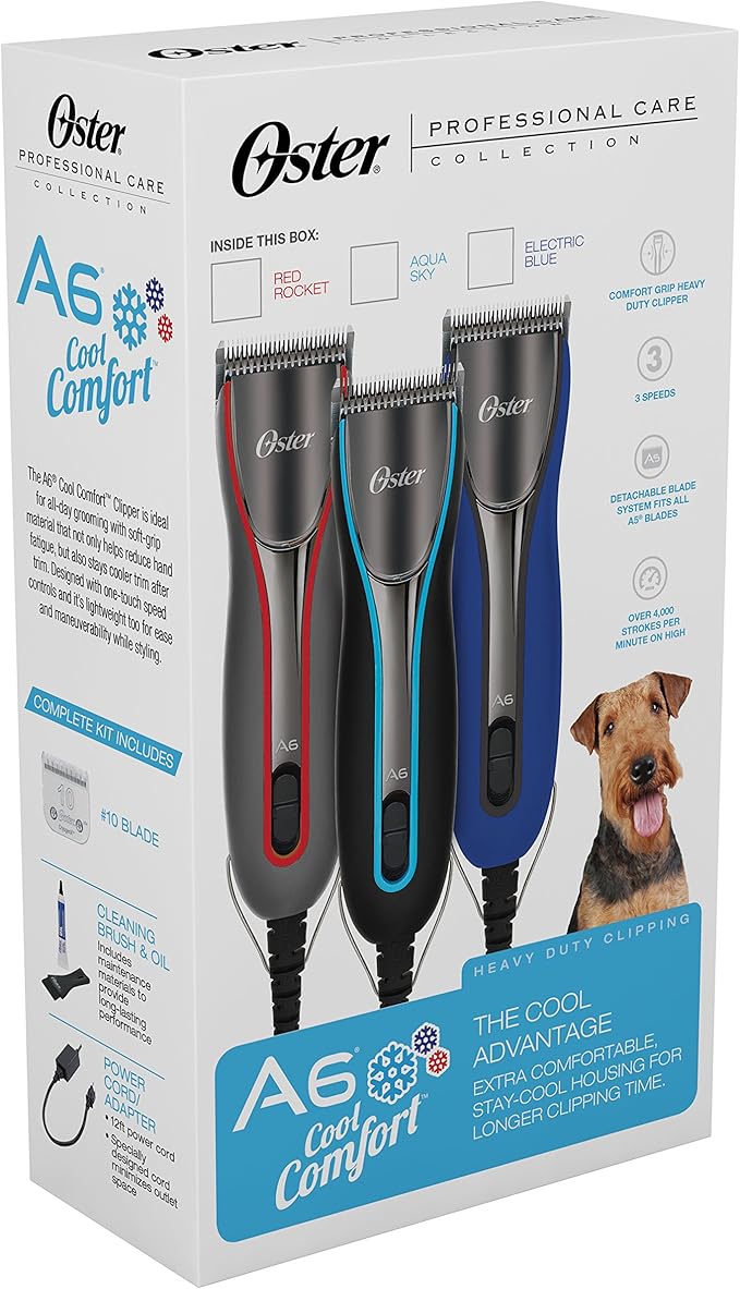 Oster A6 Cool Comfort Heavy Duty Pet Grooming Clippers with Detachable CryogenX #10 Blade, 3 Speed, Aqua Sky (078006-000-000)
