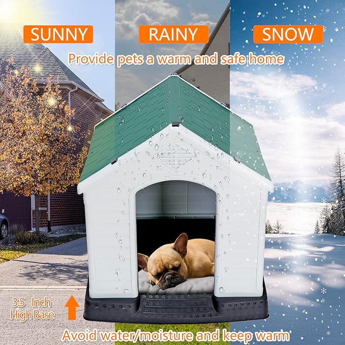 Large Plastic Dog House Indoor Outdoor Doghouse Dog Kennel Easy to Assemble Puppy Shelter with Air Vents Elevated Floor Waterproof Green