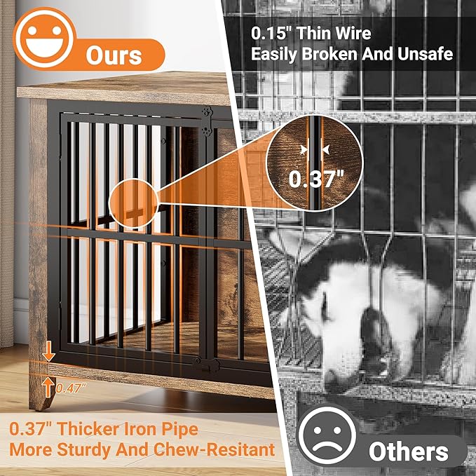 31.5" Dog Crate Furniture, Wooden Dog Kennel Indoor with 360° Rotating Feeder and 2 Adjustable Bowls, Decorative Side End Table Dog Cage for Medium and Small Dogs, Rustic Brown