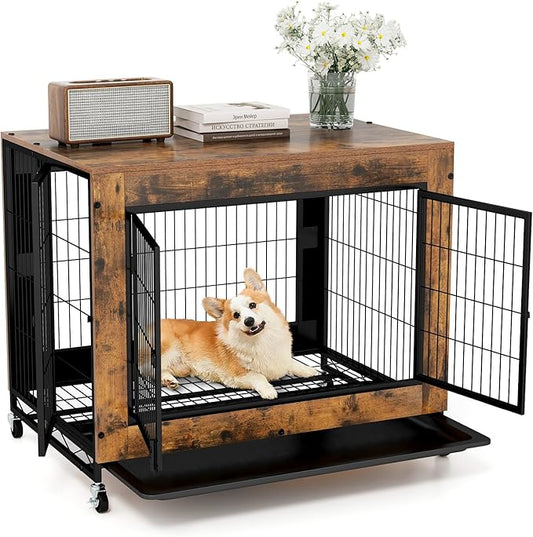 PETSITE Portable Dog Crate Furniture, 38 Inch Wooden Dog Kennel Side Table with Flip-up Top, 3 Lockable Doors and Removable Tray, Ideal for Small to Medium Dogs (Rustic Brown)