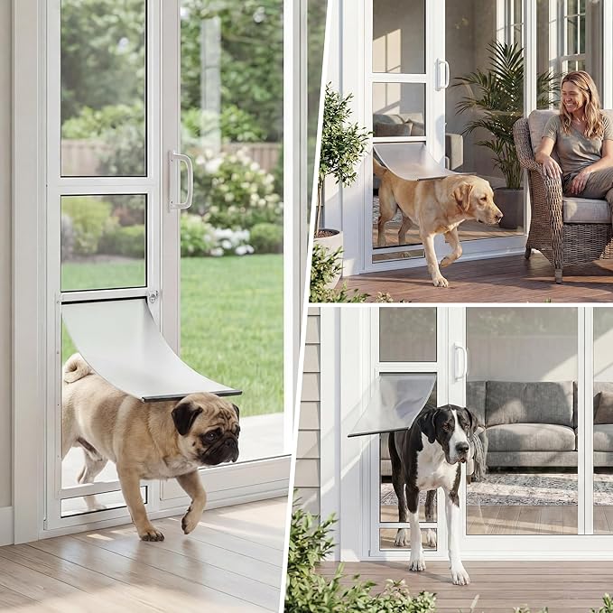 Slevoo Sliding Glass Dog Door, No-Cut Installation, Height Adjustable 79 1/5" to 82", Upgraded Silicone Flap, Weatherproof & Secure Pet Door for Medium/Large Dogs, White Aluminum Frame (Large)