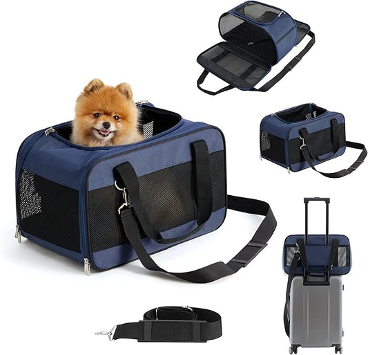 Lesure Cat Dog Carrier Airline Approved - Dog Carrier for Small Dogs Collapsible Soft Side TSA Approved Travel Pet Carrier for Car, Blue, 17.5x11x11