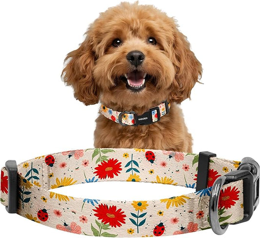 Kazazoo Dog Collar Cute and Soft Nylon Puppy Collar for Boy and Girl, Adjustable Dog Collars for Small Medium Dogs, Ladybugs and Flowers-S