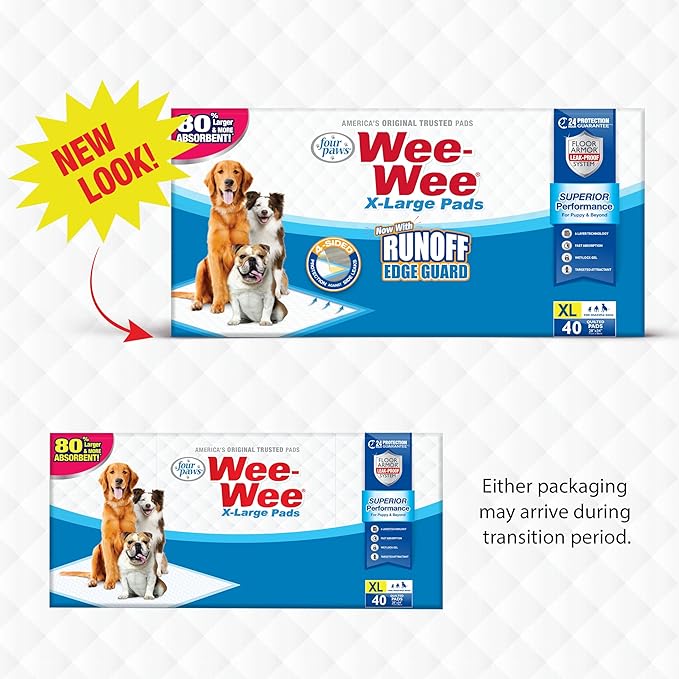 Four Paws Wee-Wee Superior Performance Unscented Extra-Large Pee Pads for Dogs & Puppies, Quilted Leak-Proof Dog Housebreaking Potty Training Floor Protection, 28" x 34", 40 Count
