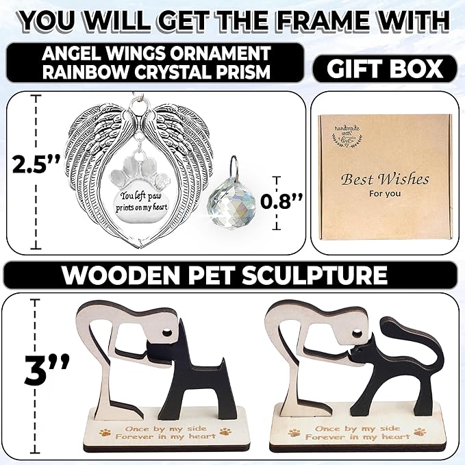 Rotating Wooden Picture Frame 4x6 Photo Pet Angel Wings Memorial Ornament Crystal Rainbow You Left Pawprints on My Heart, Dog Cat Bereavement Remembrance Gifts, In Loving Sympathy Pet Frame PR-4W