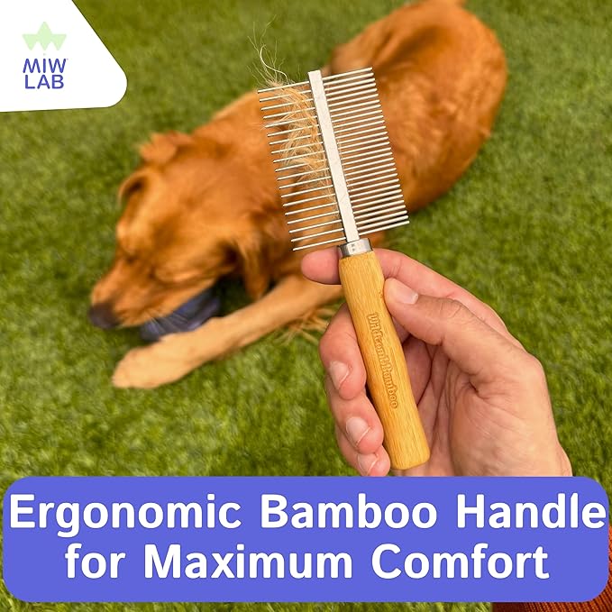 Bamboo Dog & Cat Grooming Comb Dual-Sided Stainless Steel Teeth Wide & Fine Detangling & Deshedding Comb for Undercoat Removal Eco-Friendly Handle Reduces Shedding For Long Medium & Short Hair