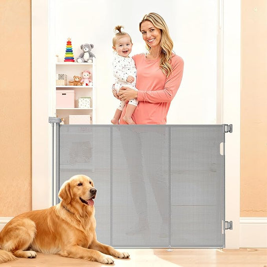 Retractable Baby Gate for Stairs, 48" Tall X 59" Wide Mesh Dog Gate Indoor, Child Gate for Doorways, Hallways, Deck, Indoor Outdoor Pet Baby Safety Essentials for Home, Gray