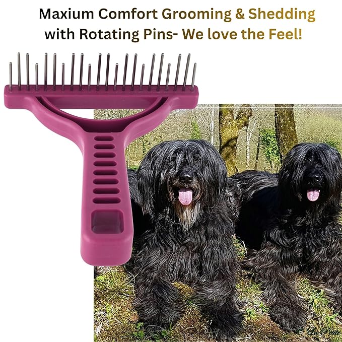 The Untangler Rakes for Grooming and Shedding - silky smooth rotating teeth to easily collect loose hair (Purple, Shedding)
