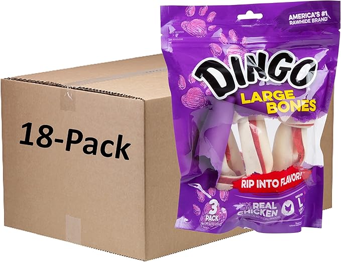 Dingo P-95008 18 Count Rawhide Bone, Large, One Size 3 Count (Pack of 6)