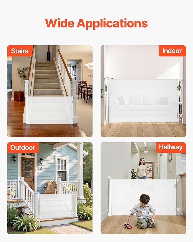 VEVOR Retractable Baby Gate, Extends to 57 inch Wide, 38.5 inch Tall, with Security Lock, Easy to Use, Walk Through Without Tripping, Mesh Dog Gate for Stairs, Hallways, Indoor/Outdoor, White