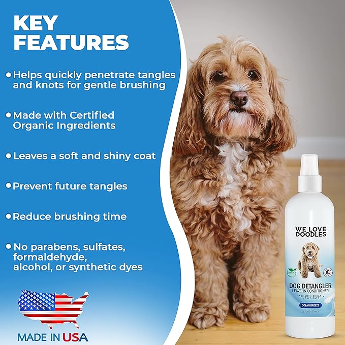 We Love Doodles Pin Brush for Dogs & Ocean Breeze Dog Detangler Spray Bundle - Brush for Removing Loose Fur & Dematting Spray Made in USA