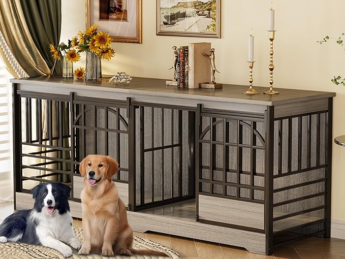 COZPAW 78 Inch Double Dog Crate Furniture, Extra Large Dog Kennel Indoor for 2 Dogs, Heavy Duty Dog Cage with Divider, Wooden Dog House Decorative Table TV Stand for XLarge Dogs (Grey)