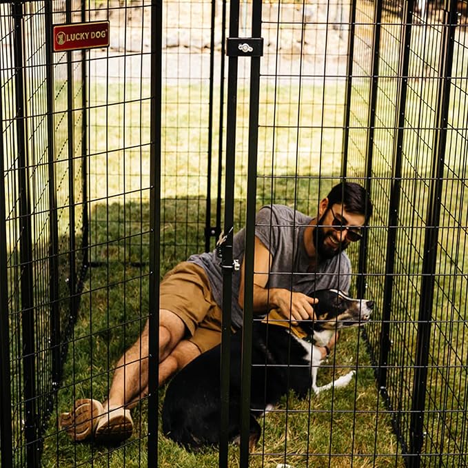 Lucky Dog 8' x 4' x 6' Large Outdoor Steel Frame Kennel and Playpen Enclosure with Black Canopy, Uptown Series - Heavy-Duty Pet Shed for Home and Yard - Protection from Sun, Snow, and Rain